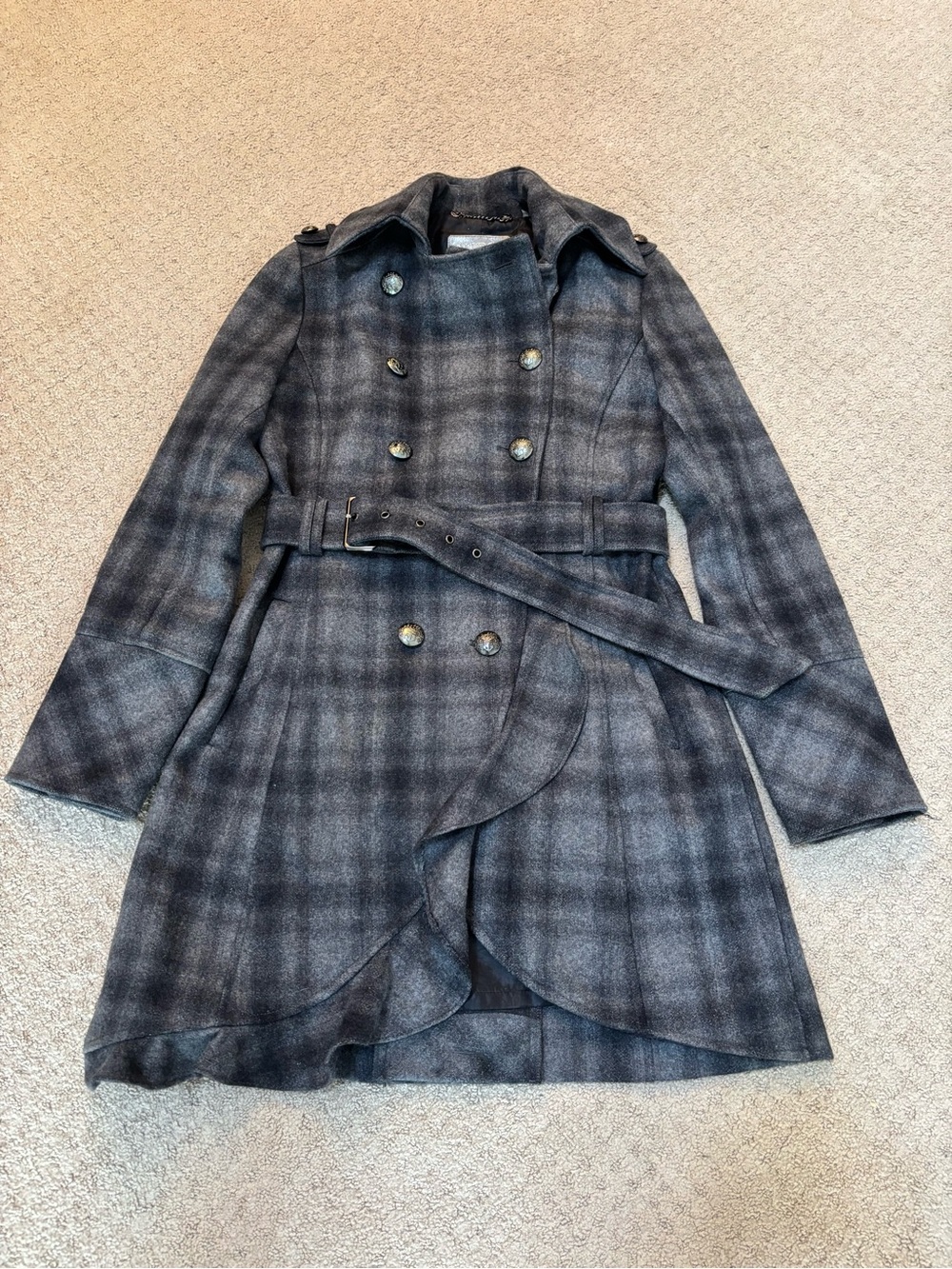 GUESS Los Angeles Womens Plaid Double Breasted Belted Coat Gray Estimated M